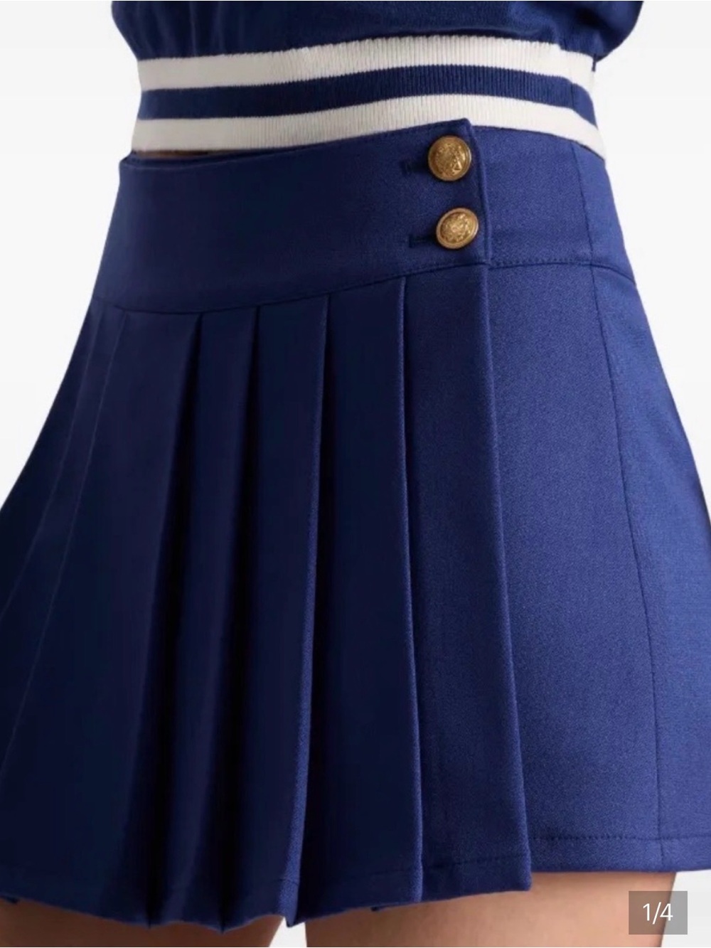 Alice + Olivia Noah Navy Pleated A-Line Mini Skirt with Gold Buttons